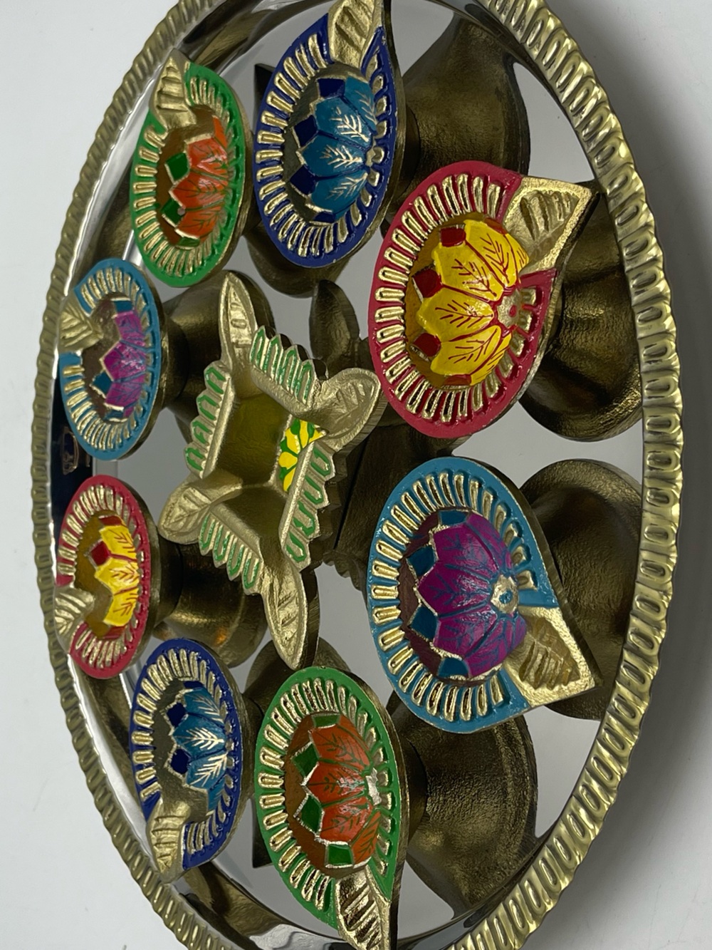 Diwali Diya Hand-Painted Colorful Metal Puja Thali Lamps & Tray Festive Gift Set